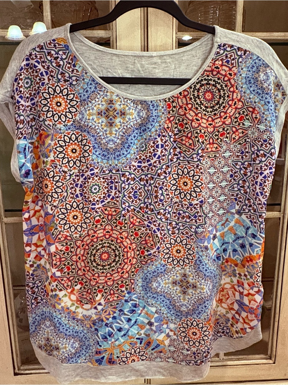 Multicolor Mosaic Short Sleeve Tee with Gray Trim
